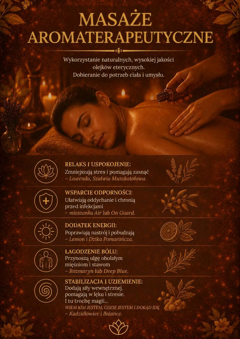 Masaż aromaterapeutyczny z użyciem olejków eterycznych